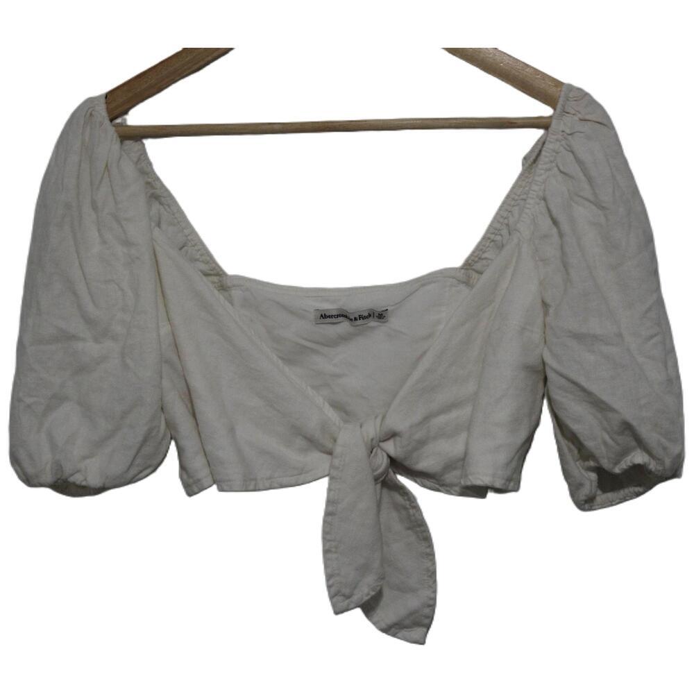 Womens Abercrombie & Fitch White Linen Puff Sleeves Crop Top Size Medium